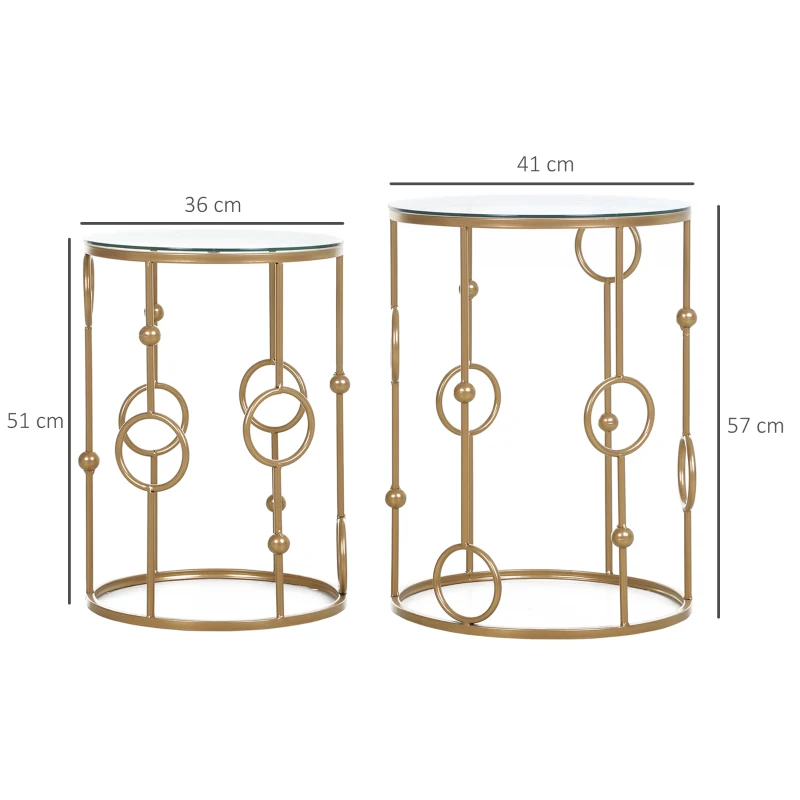 HOMCOM 2-delig Salontafelset, Bijzettafel met Glazen Blad, Woonkamer Tafel met Reifen- en Kogelontwerp Ø41 x 57 cm, Goud