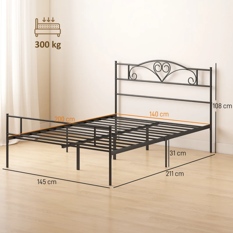 HOMCOM Metalen bedombouw met hoofdeinde, draagvermogen 300 kg, 145L x 211B x 106H cm, zwart(m-3)