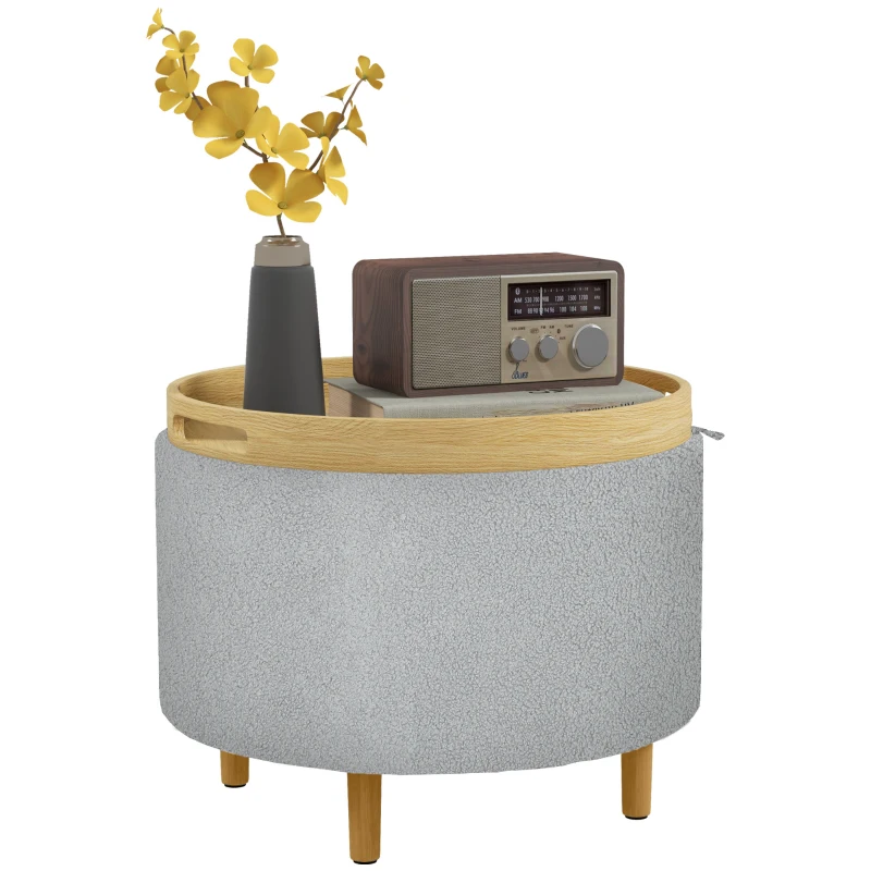 HOMCOM Kruk Gepolsterde Kruk, Teddyfleece, Verborgen Opbergruimte, Omkeerbaar Deksel, 56 cm x 56 cm x 42 cm, Grijs