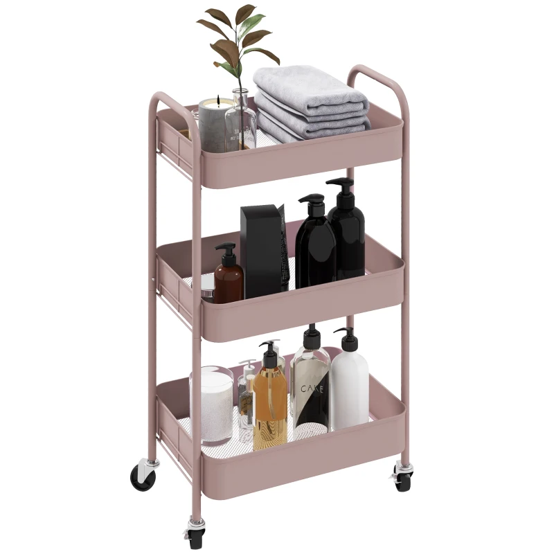 HOMCOM Multifunctionele Winkelwagen Keukenwagen, 3 Planken, 4 Wielen, 45 cm x 30,6 cm x 79 cm, Roze(m-11)