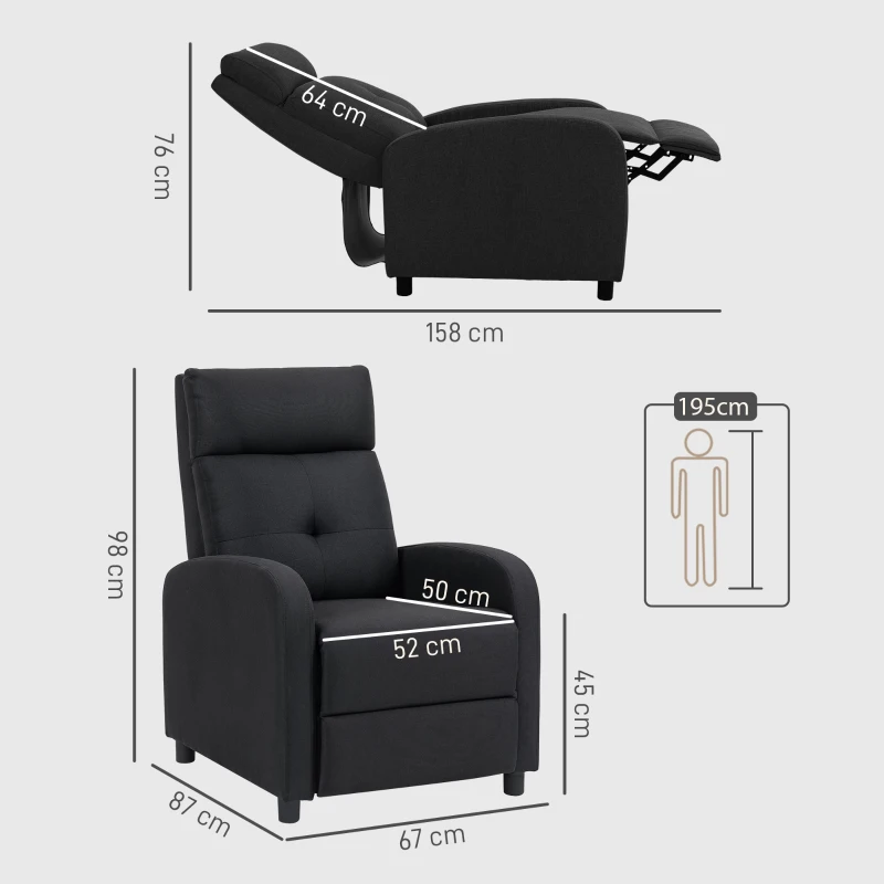 HOMCOM Fotoliu Reclinabil Fino a 155° Con Suport pentru Picioare In Material Textil Negru