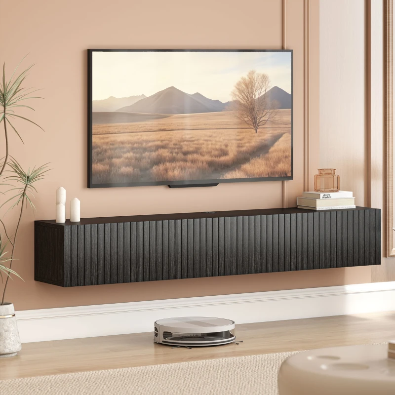 HOMCOM Meuble TV suspendu 140cm, meuble télé pour téléviseur 72 pouces, 2 portes rabattables, 140x25x22cm, noir