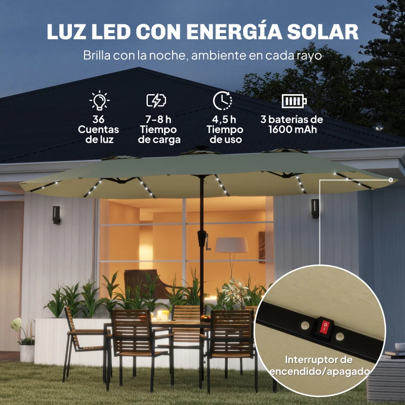 Outsunny Sombrilla Doble de Jardín 4x2 m con 36 Luces LED UPF50+ Manivela 12 Varillas  Resistente al Agua Beige