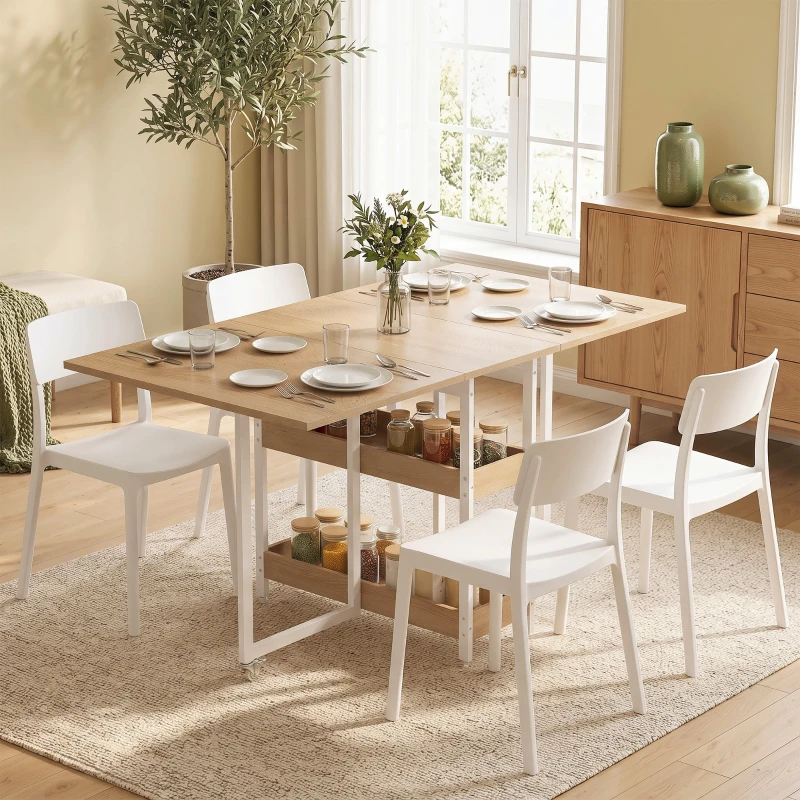 HOMCOM Klappbarer Esstisch im Industriedesign, für bis zu 4 Personen, offene Regale, flexibel, Metall, Spanplatte, Holzoptik Natur