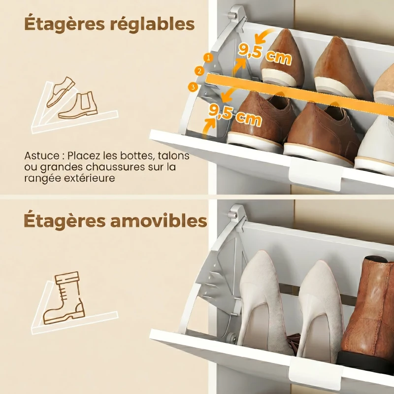 HOMCOM Meuble à chaussures 16 paires armoire à chaussures 4 tiroirs rabattables 2 portes en miroir étagères réglables blanc
