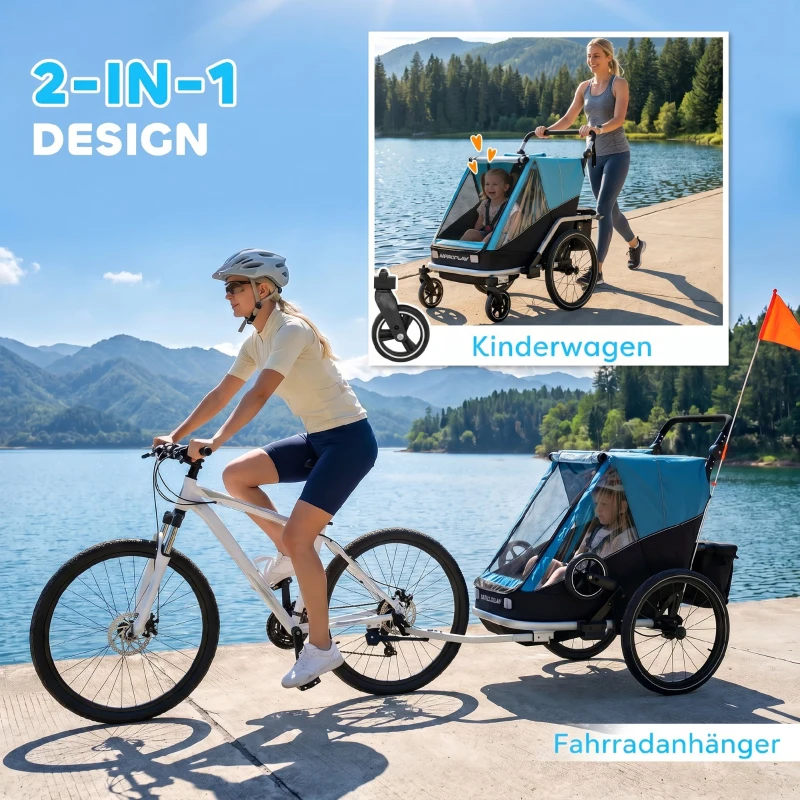 AIYAPLAY Fahrradanhänger für Kinder, 2-Sitzer, 2-in-1 faltbarer Kinderfahrradanhänger mit verstellbarem Sitz und Gurten, Blau