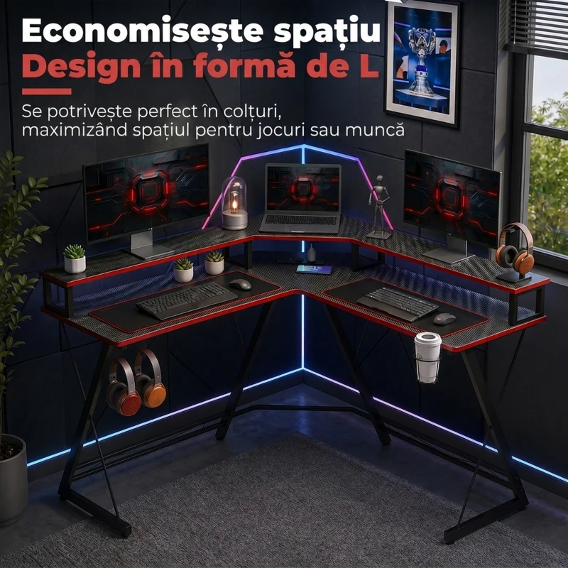 HOMCOM Birou în L cu Prize, 128 cm cu Suport Monitor