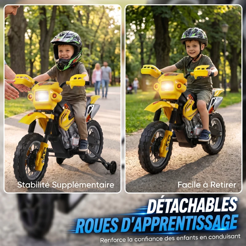 HOMCOM Moto électrique enfants, moto cross pour enfants avec batterie 6 V, phares, musiques et roues d'entraînement, 3 à 6 ans, charge 25KG, jaune et noir