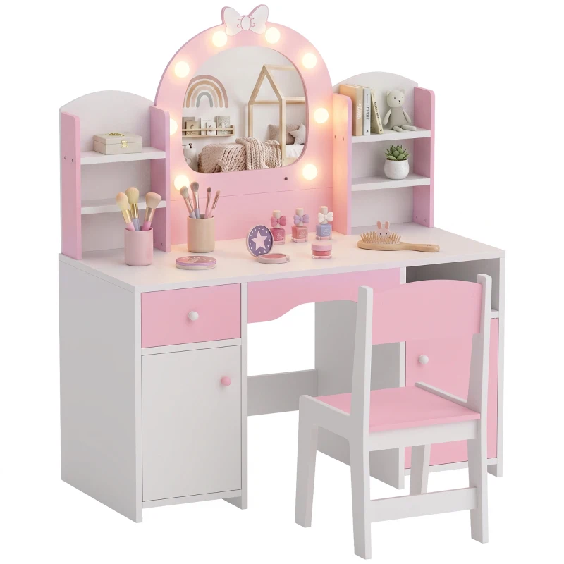 AIYAPLAY Coiffeuse pour Enfants avec Tabouret et Miroir Lumineux à 2 Couleurs en Acrylique, pour 3-8 Ans, 90 x 41 x 104 cm, Rose