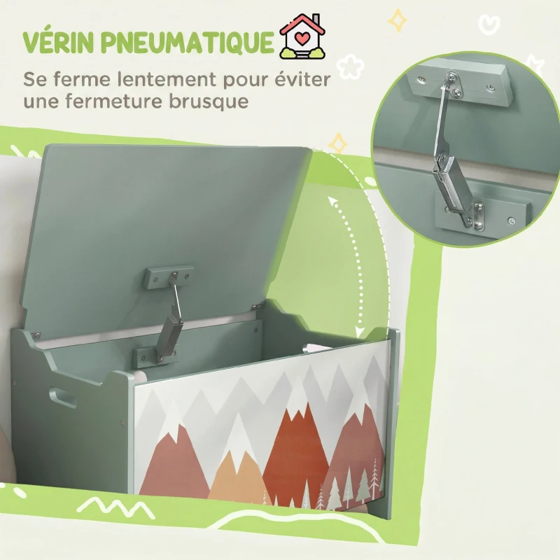 ZONEKIZ Coffre à jouet enfant coffre de rangement enfant couvercle rabattable motif de forêt coins arrondis 60 x 37 x 39 cm vert