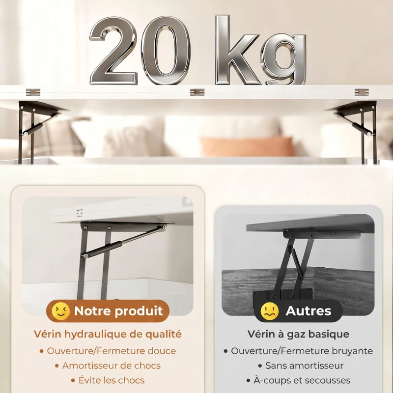 HOMCOM Table basse relevable et extensible table de salon avec compartiment caché étagère ouverte 100x45x50,5cm blanc(m-6)