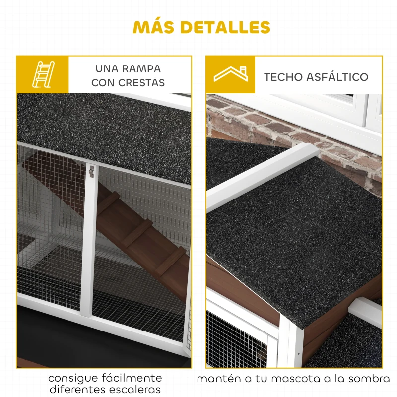 PawHut Conejera Exterior 157,4x53x99,5cm Jaula para Conejos Grande con Ruedas Techo Asfáltico Bandejas Extraíbles Rampa Marrón