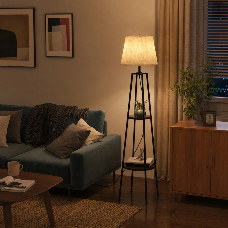 HOMCOM Lampada da Terra a 2 Ripiani in Metallo e MDF con Paralume in Tessuto, Ø42x166 cm, Nero e Marrone