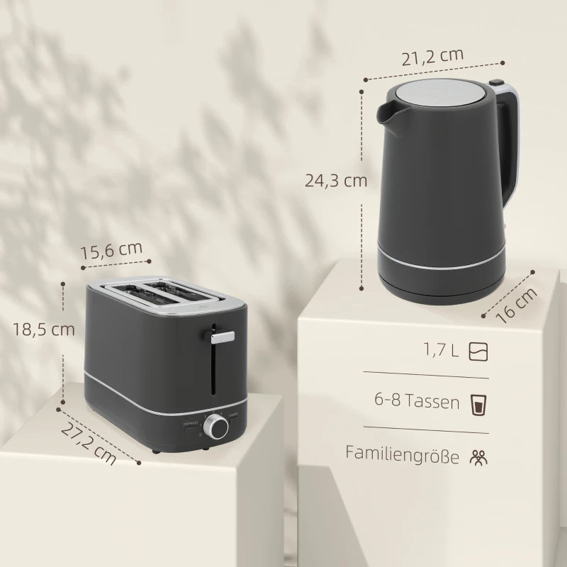 HOMCOM Set van 1,7 L waterkoker en toaster met 6 bruiningsniveaus, Grijs