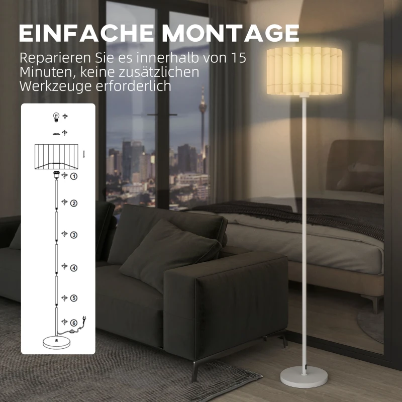 HOMCOM Vloerlamp in retro stijl, kunststof lampenkap, voetschakelaar, metalen staaf, Wit