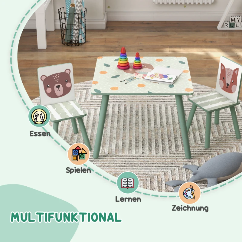ZONEKIZ Zitgroep voor kinderen 3-8 jaar, 1 tafel & 2 stoelen, schattig dierenmotief, groen