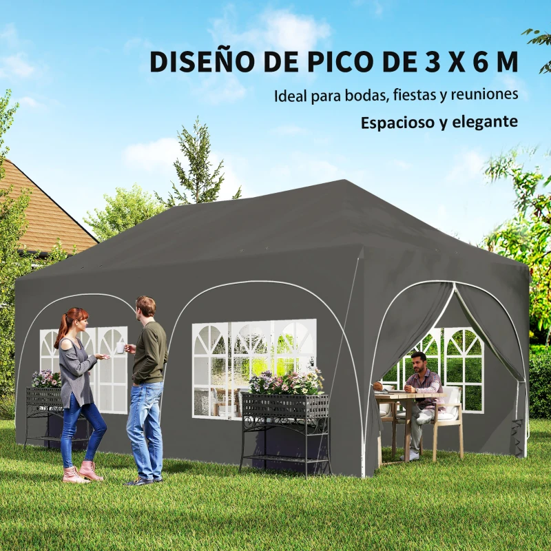 Outsunny Carpa Plegable 6x3 m Pop-up con 6 Laterales Desmontables Altura Ajustable y Bolsa de Transporte Gris Oscuro