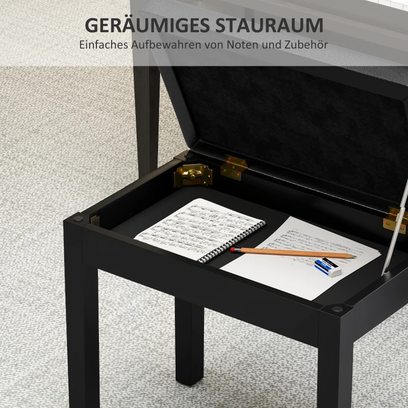 HOMCOM Pianokruk met Opbergruimte, Kunstleder Bekleed, Gestikte Knopen, Rubberhouten Poten, Zwart
