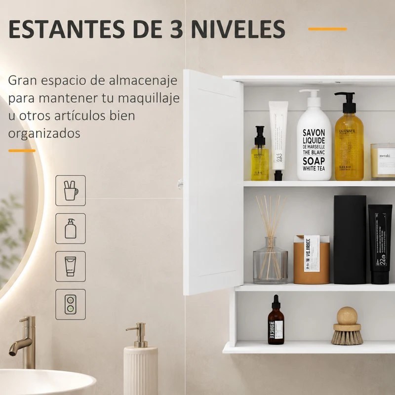 kleankin Armario de Baño con Espejo, Armario de Pared con 2 Puertas, Estante Abierto, Estante Ajustable, Mueble de Baño Colgar para Cocina, Salón, 56x13x58 cm, Blanco