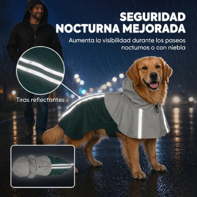 PawHut Impermeable para Perros con Capucha Chubasquero Agujero para Correa Tiras Reflectantes Perros Grandes 20-30 kg L Verde