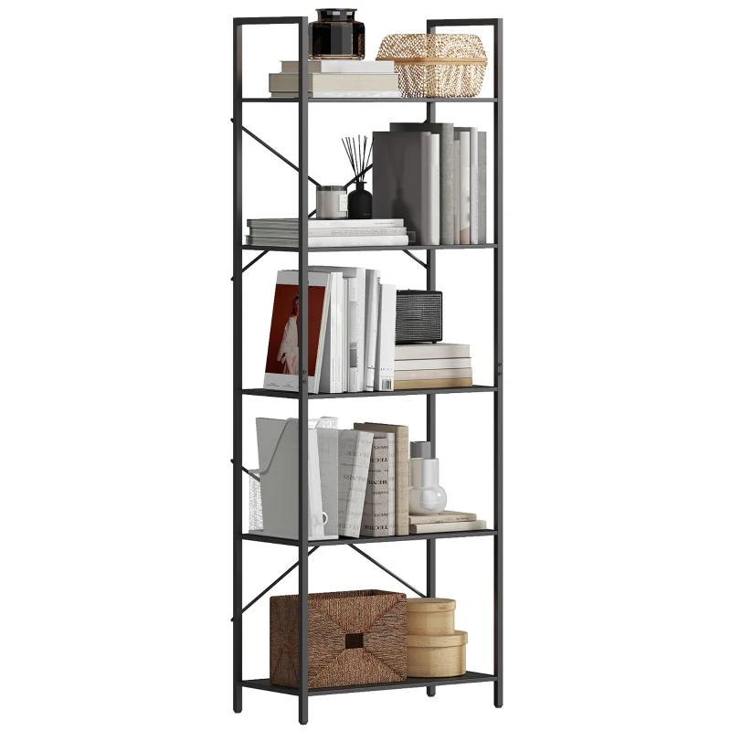 HOMCOM Boekenrek, staand 5-laags, industrieel bureaurek met metalen frame, open opbergrek voor woonkamer, kantoor, studeerkamer, 60x30x170,5 cm, Zwart