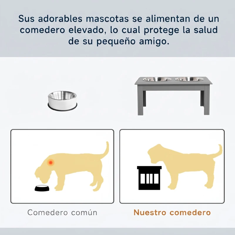 PawHut Comedero Elevado para Perros con 2 Cuencos Extraíbles de Acero Inoxidable 58,4x30,5x25,4 cm Gris