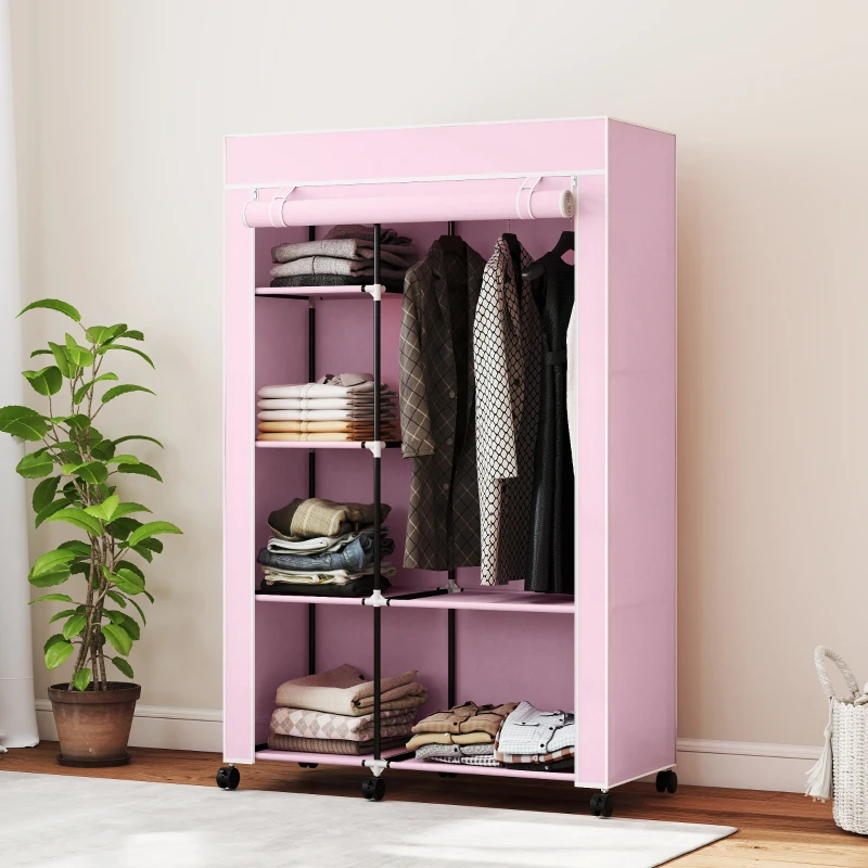 HOMCOM Armoire penderie en tissu meuble de rangement 6 roulettes tringle à vêtements et étagères ouvertes 103x43x162,5cm rose