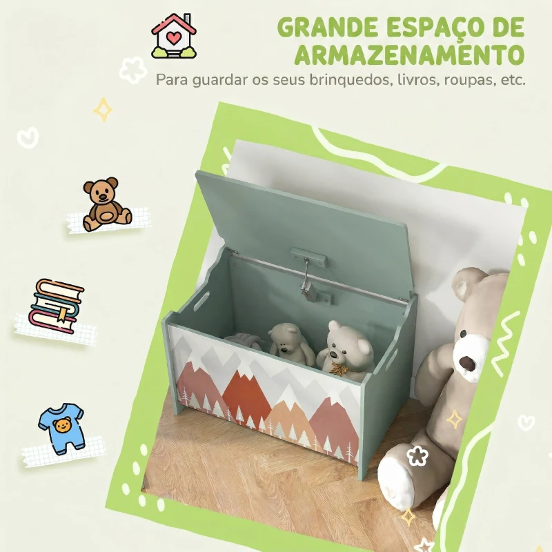 ZONEKIZ Baú de Brinquedos Organizador de Brinquedos para Crianças de 3 a 8 Anos com Estampado em Animaos 60x37x39 cm Verde
