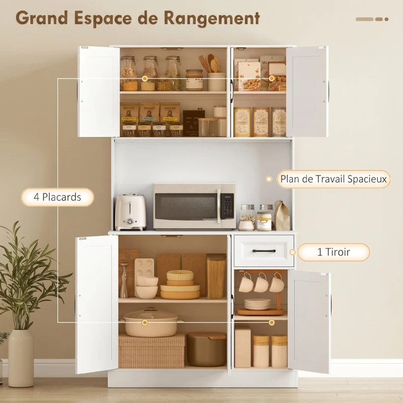 HOMCOM Buffet Haut Cuisine Moderne, 6 Portes, 1 tiroir, 1 Compartiment Ouvert, Étagères Réglables, 100 x 39,5 x 180,5 cm, Blanc(m-4)