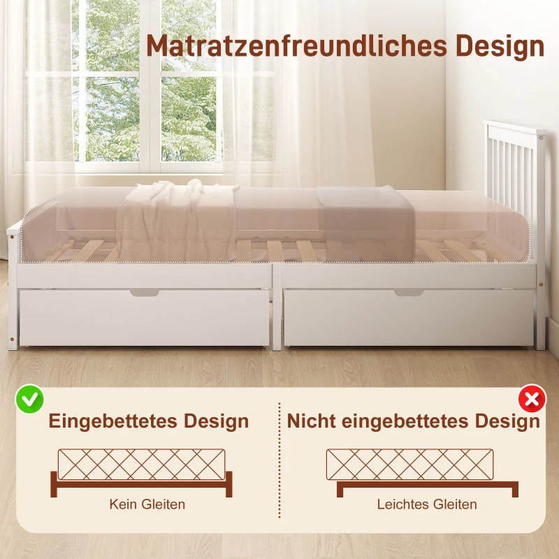 HOMCOM Eenpersoons bedombouw, houten bedombouw, lades op wieltjes, geen lattenbodem nodig, 90 x 200 cm, wit(m-7)