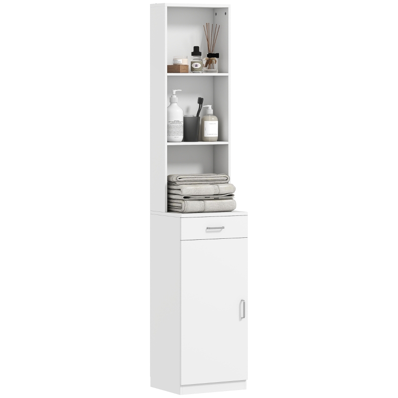 HOMCOM Hoge Badkamerkast, Smal Ontwerp, Lade, Schappen, Kast, Spaanplaat, Wit