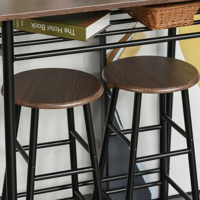 HOMCOM Bartafel Set, 3-delig, Tafel & 2 Krukken, Opbergrek, Industrieel Ontwerp, Zwart/Eiken