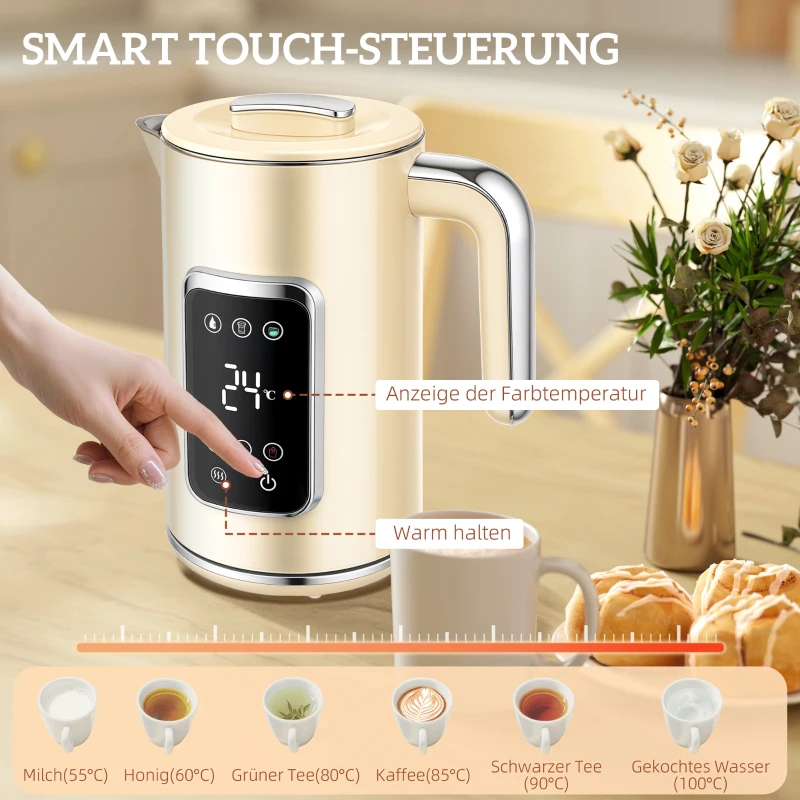 HOMCOM Waterkoker en broodrooster-set met LED-Touchscreen, 1,7 L, 2 broodroostersleuven, verschillende modi en functies, Crèmewit