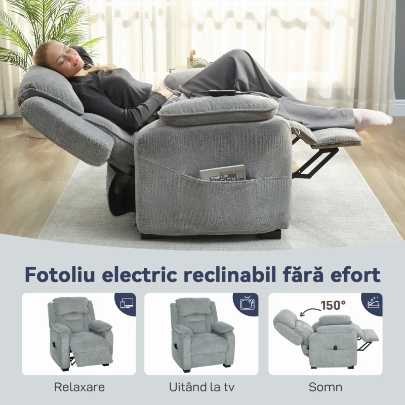 HOMCOM Fotoliu Electric Rabatabil 150° cu Suport pentru Picioare, Șezut Larg, Funcție Silențioasă, Port USB și Funcție de Memorie, Telecomandă, Catifea, pentru Living, Gri