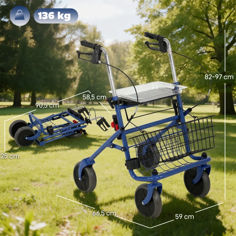 HOMCOM Andador para Ancianos Plegable con Asiento 4 Ruedas Altura Ajustable Frenos de Maneta Cesta Bandeja Porta Bastón Azul