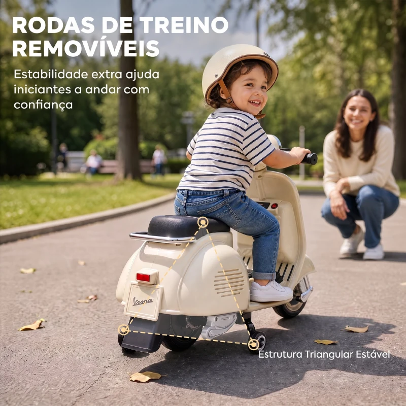 AIYAPLAY Mota Elétrica Infantil VESPA com Arranque Suave, Rodinhas, Luz, Música e USB - Branco