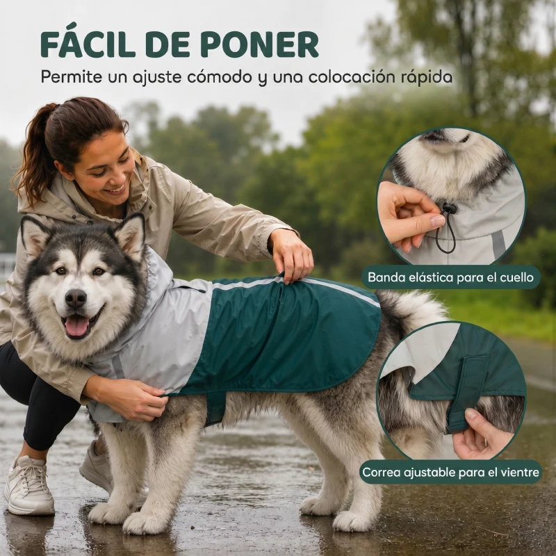 PawHut Impermeable para Perros con Capucha Orificio para Correa y Tiras Reflectantes para Perros de Talla Gigante Verde