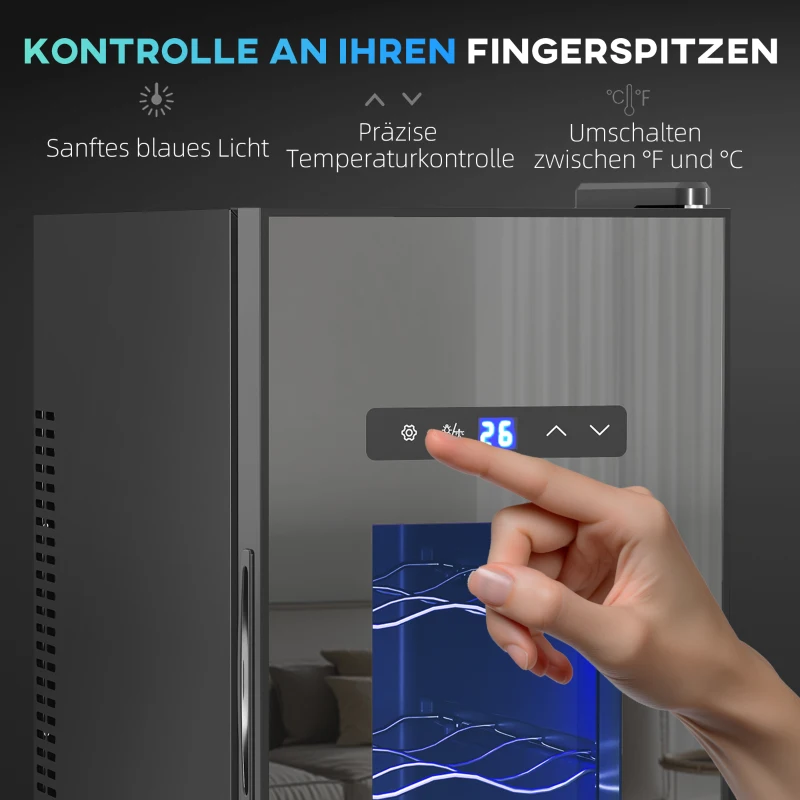 HOMCOM Wijnkoelkast voor 12 flessen, met glazen deur, drankkoelkast met LED-licht, touchscreen, zwart
