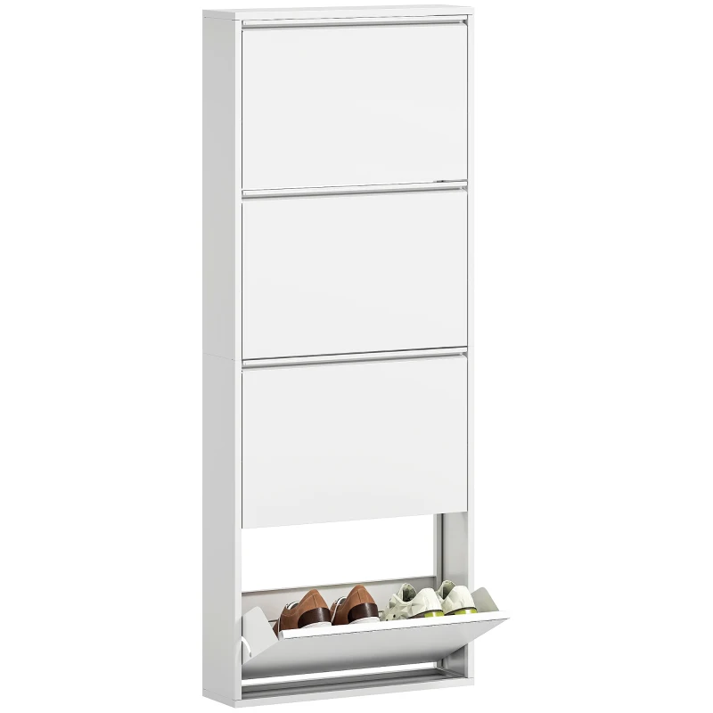 HOMCOM Smalle Metalen Schoenenkast voor Maximaal 8 Paar Schoenen, 4 Klaplades, voor Hal en Entree, Wit(m-11)