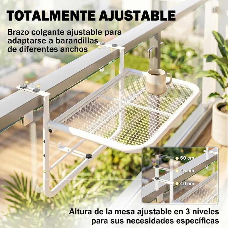 Outsunny Mesa Colgante de Balcón con Brazo Regulable y Altura Ajustable en 3 Posiciones Marco Metálico 60x56x50 cm Blanco