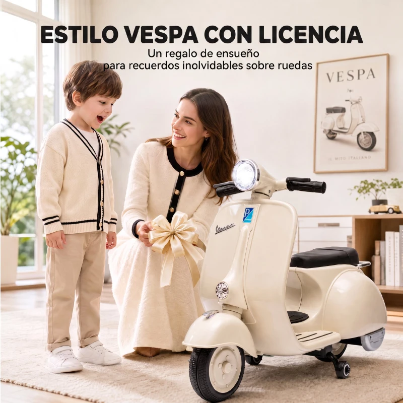 AIYAPLAY Moto Eléctrica para Niños Licencia VESPA Arranque Suave Ruedines Desmontables Luz Delantera Música, Bocina USB Blanco