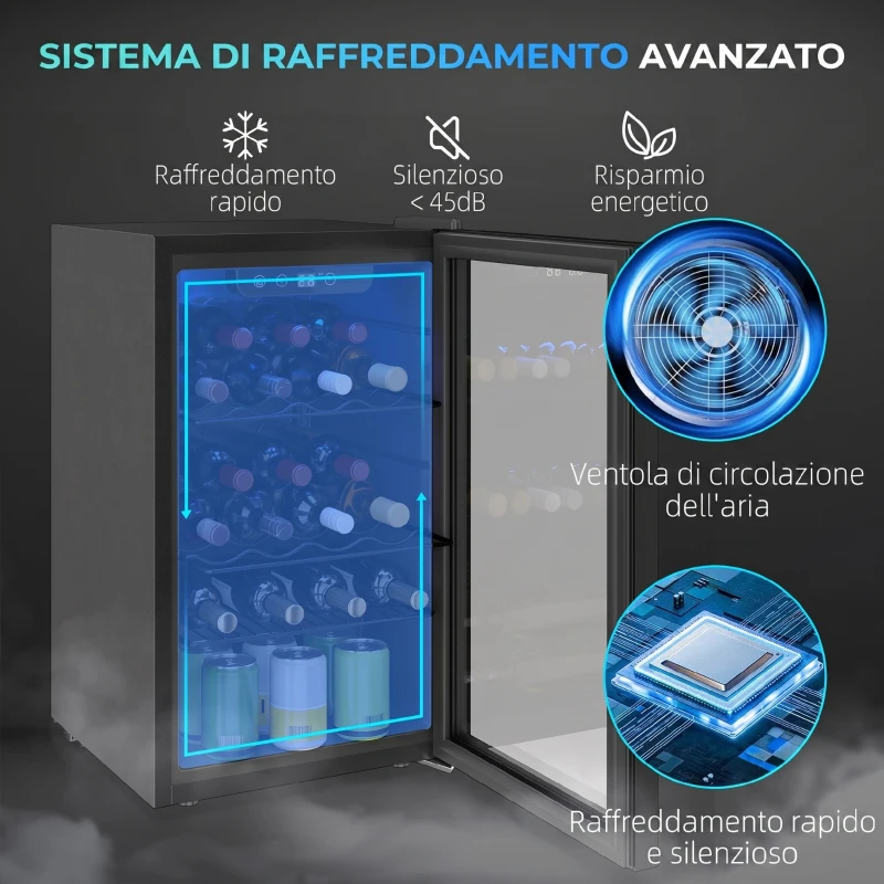 HOMCOM Cantinetta Frigo Vino 68L con Ripiano Rimovibile e Raffreddamento Silenzioso, 43x46x74 cm, Nero