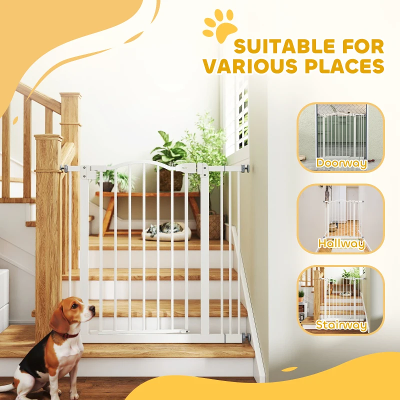 PawHut Cancelletto per Cani Estensibile con 2 Blocchi e Chiusura Automatica, in Metallo e Plastica, 74-87x78 cm, Bianco