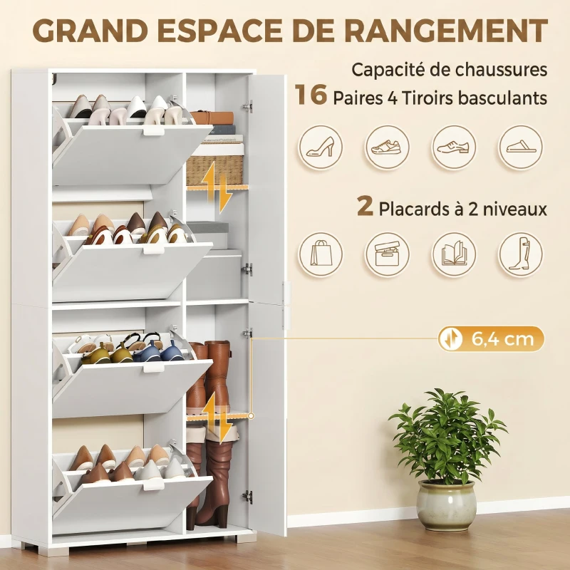 HOMCOM Meuble à chaussures 16 paires armoire à chaussures 4 tiroirs rabattables 2 portes en miroir étagères réglables blanc