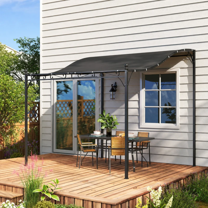 Outsunny 3 x 2,5 m Pergola, Wandmontierter Garten-Pavillon, wasserbeständig, Metallrahmen, Ablauflöcher, Schattendach, Dunkelgrau
