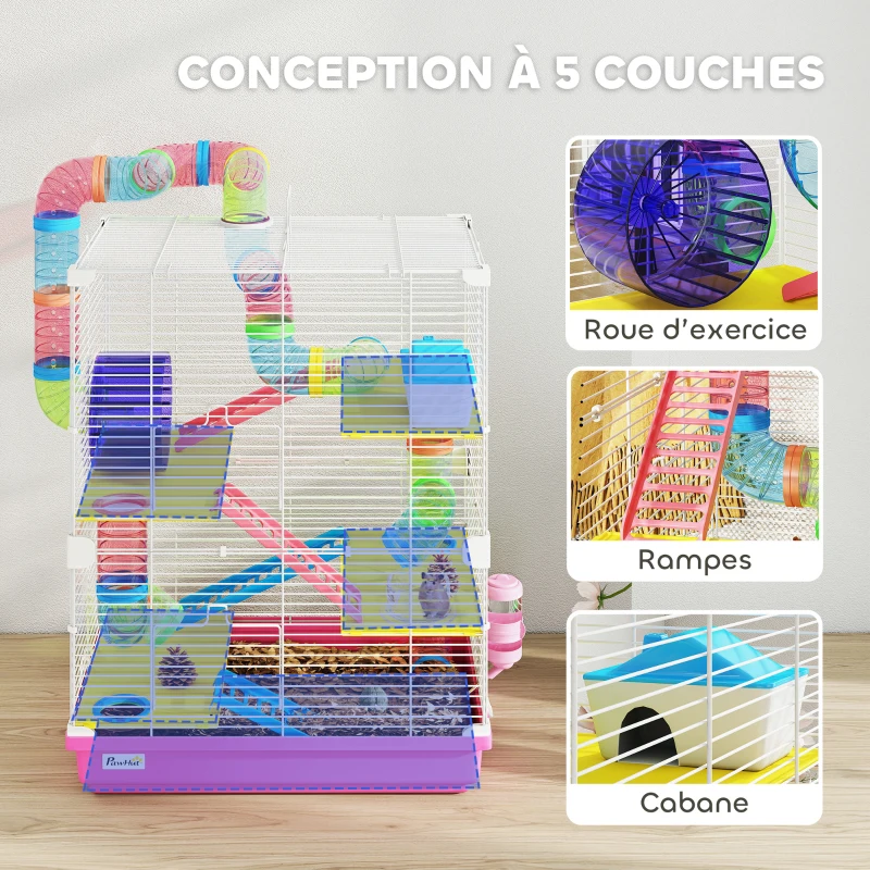PawHut Cage pour Hamster Rongeur 5 Étages avec Tunnels, Mangeoire, Roue, Maison, Échelles, 46 x 30 x 58 cm, Rose