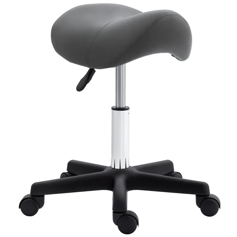 HOMCOM Rollende Kruk, zadelvormige zitting, hoogte verstelbaar, 360° draaibaar, kunstleer, grijs, 48 x 47 x 45-59 cm
