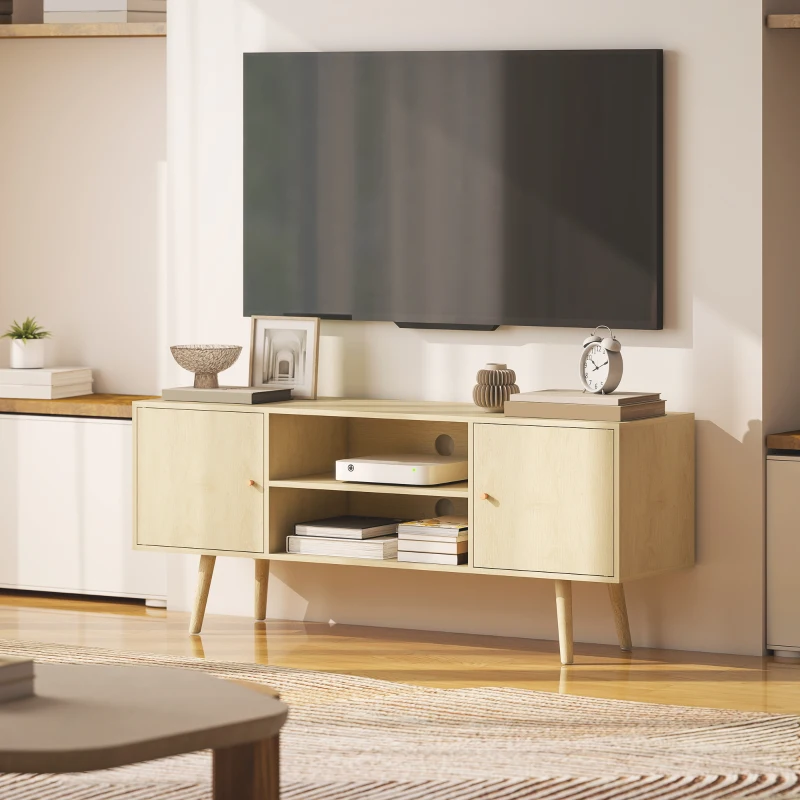 HOMCOM Comodă TV pentru Televizoare de Până la 55", cu 2 Dulapuri și 2 Rafturi, Culoare Lemn