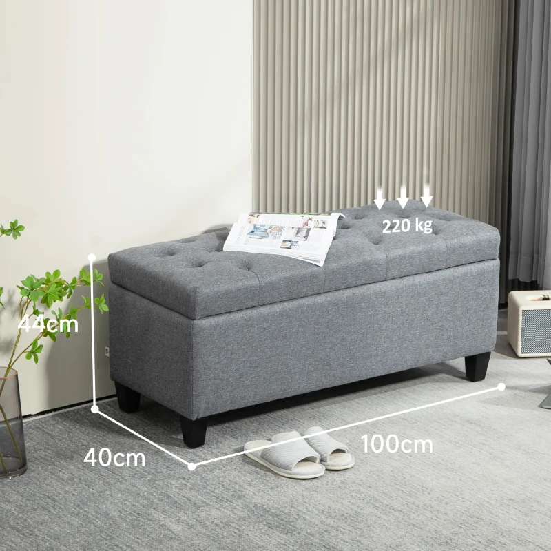 HOMCOM Zitbank, Gestoffeerde Bank met Opbergruimte, Linnenachtig Polyester, Rubberhout, 100 x 40 x 44 cm, Lichtgrijs(m-3)