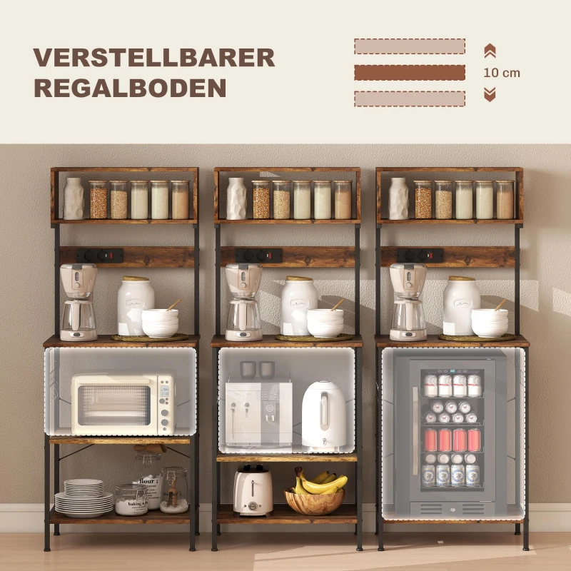 HOMCOM Keukenrek, staand rek met 5 S-haken, 5 planken, stopcontact, van staal, Rustiek-Bruin, 60 x 42 x 153 cm